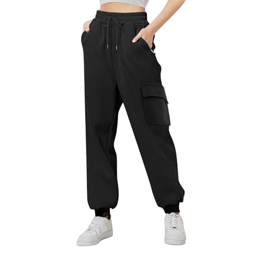 Sporthose Mädchen Cargo Jogginghose Jungen Baggy Winter Sweatpants Elastische Hohe Taille Drawstring Freizeithose Baumwolle Einfarbig Outdoorhose Teenager Lässiger (Black, 11-12 Years) von Generic