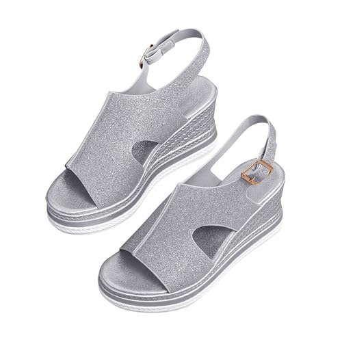 Sportsandalen Für Damen,Orthopädische Muffin-Sandalen Wasserdichte,Plateauschuhe Für Spaziergänge Im Freien Slope Bottom Römische Freizeitschuhe Seitlicher Schnallenriemen Sliver/Gold Sandale von Generic