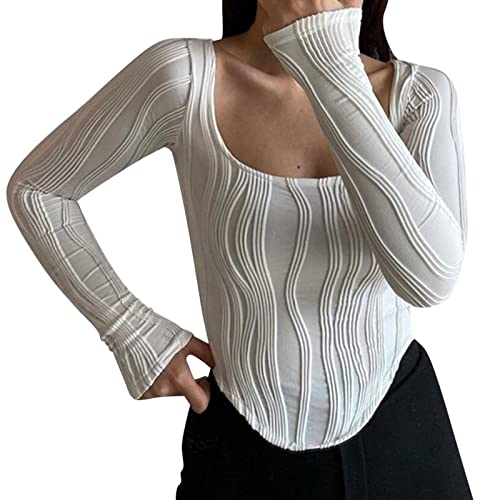 Sportshirt Damen Langarm Sexy Slim Crop Shirt Langarm Crewneck Taillierte T-Shirts Top Knit Cropped T-Shirt Bluse Retro Streetwear von Generic