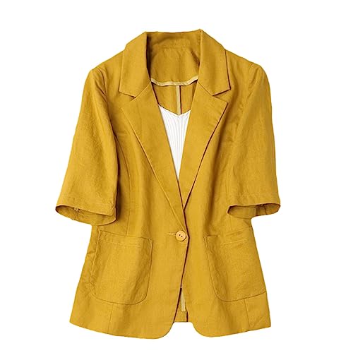 Spring and Summen Anzugjacke Damen Anzug Kurzarm Baumwolle und Leinen All-Match Kurz Dünner Mantel, gelb, XXXL von Generic