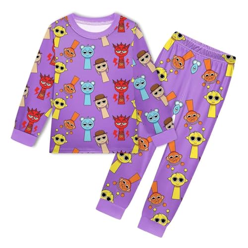 Sprunki Schlafanzug Jungen Mädchen Cartoon Kuschel Pyjama Set für Kinder Kleinkind Langarm Rundhals Pullover + Elastische Taille Schlafhose Hausanzug Herbst Winter Zweiteilig Nachtwäsche Set 2-9T von Generic
