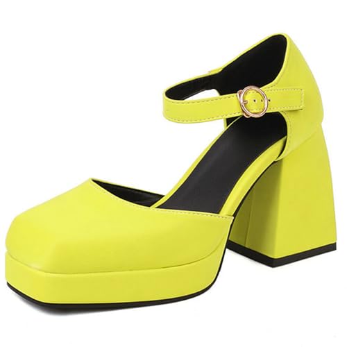 Square-Toe Sandalen mit Knöchelband - 9cm Blockabsatz und 2cm Plateau, PU-Obermaterial & Gummisohle, für Frühling/Herbst,Gelb,34 EU von Generic