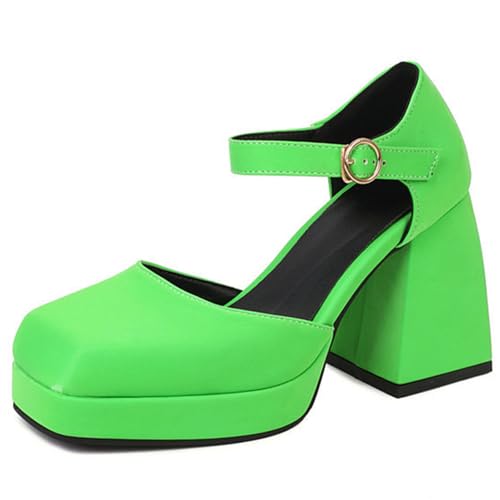 Square-Toe Sandalen mit Knöchelband - 9cm Blockabsatz und 2cm Plateau, PU-Obermaterial & Gummisohle, für Frühling/Herbst,Grün,36 EU von Generic