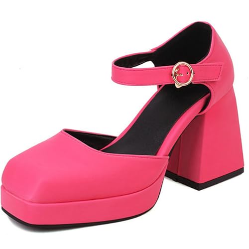 Square-Toe Sandalen mit Knöchelband - 9cm Blockabsatz und 2cm Plateau, PU-Obermaterial & Gummisohle, für Frühling/Herbst,Hot pink,36 EU von Generic