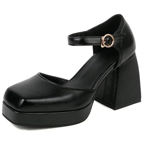 Square-Toe Sandalen mit Knöchelband - 9cm Blockabsatz und 2cm Plateau, PU-Obermaterial & Gummisohle, für Frühling/Herbst,Schwarz,36 EU von Generic