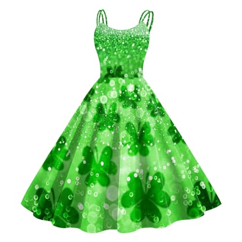 St Patricks Day Kleider Damen, Abendkleid Damen Lang Spaghettiträger Swing A-Linie Kleid Grün Kleeblatt Cocktailkleid 50er Vintage Rockabilly Kleider Festival St. Patricks Day Ballkleider von Generic