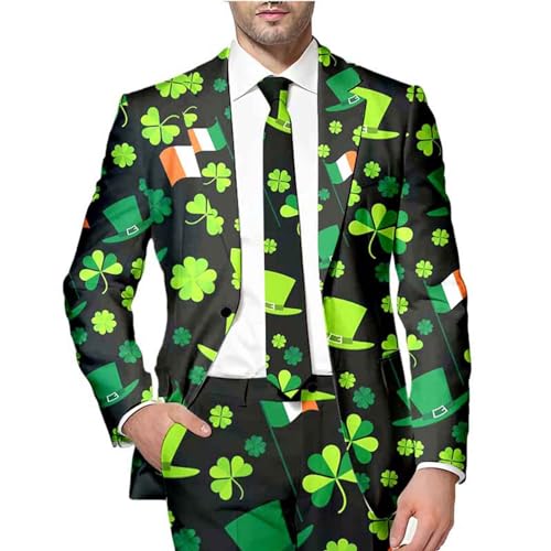 St. Patrick Anzüge für Herren St. Patrick's Day Clovers mit Jackett, Hose mit Festlichen Print Faschingskostüme in Verschiedenen Drucken St. Patricks Day Beer Shamrock Clover Tailliert Kostüme Outfit von Generic