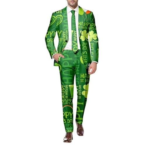 St. Patrick Anzüge für Herren in verschiedenen Drucke St. Patrick's Day Beer & Shamrock Clover Tailliert Party Kostüme Outfit mit Jackett und Hose Festlichen Kleeblatt Anzug St Patricks Day Kostüm von Generic