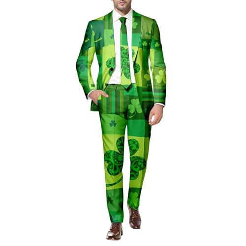 St. Patrick Anzüge für Herren in verschiedenen Drucke St. Patrick's Day Beer & Shamrock Clover Tailliert Party Kostüme Outfit mit Jackett und Hose Festlichen Kleeblatt Anzug St Patricks Day Kostüm von Generic