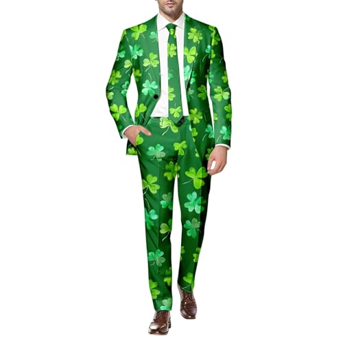 St. Patrick Anzüge für Herren in verschiedenen Drucken St. Patrick's Day Beer & Shamrock Clover Tailliert Party Kostüme Outfit Mit Jackett und Hose Festlichen Kleeblatt Anzug St Patricks Day Kostüm von Generic