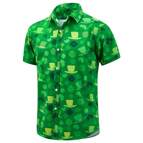 St. Patrick's Day Herren Hemd Glücksgras Kleeblatt Printed Hawaii Hemd Leichtes Button Down Kurzarm-Hemd Männer Party Grün Hemd Freizeithemd Strand Hemd (AG, L) von Generic