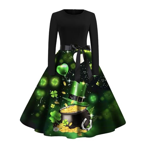 St. Patrick's Day Kleid Damen Langarm - Rockabilly Kleider Partykleid Klee Kleeblatt Print Kleid Cocktailkleid Party Abschlussball Patchwork Abendkleider Retro Minirock für Karneval Festlich von Generic