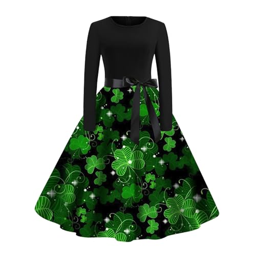 St. Patrick's Day Kleid Damen Langarm - Rockabilly Kleider Partykleid Klee Kleeblatt Print Kleid Cocktailkleid Party Abschlussball Patchwork Abendkleider Retro Minirock für Karneval Festlich von Generic