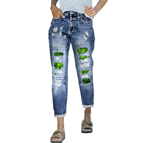 St. Patricks Day Jeanshosen Damen Lang, Damen Jeans High Waist Locker mit Löchern Jeanshosen Grünem Kleeblatt Druck Straight Hose Zerrissene Destroyed Knopfleiste Damen Jeans Mode Basic Hose von Generic