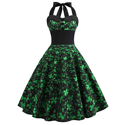 St. Patricks Day Kostüm Damen, Damen Kleid Ärmelloses Swing Abendkleid Schulterfrei Kleeblatt Vierblättriges Drucken Retro Cocktailkleid Damen Elegant Partykleid St. Patricks Day Kleid von Generic