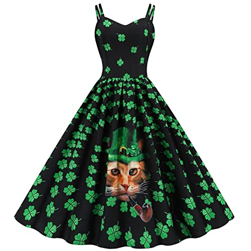 St. Patricks Day Kostüm Damen, Damen Kleider Ärmellose Swing A-Linie Kleid Kleeblatt Druck Partykleid Off Shoulder Vintage Cocktailkleid Damen Elegant Abendkleid St. Patricks Day Kleider von Generic