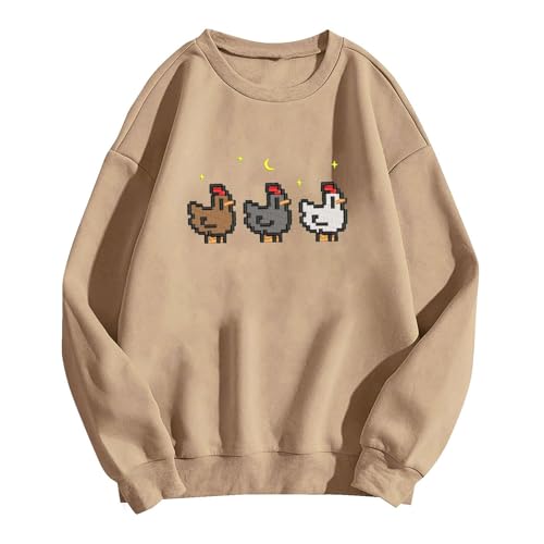 Stardew Valley Chicken Sweatshirt für Gamer. Sie mit Gaming-Mode auf. Gemütliche und süße Gaming-Kleidung Sweatshirt Für Frauen Hochwertig Sweatjacken Damen (Khaki, M) von Generic