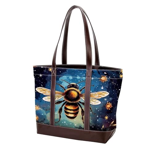 Starry Bees Pattern-1255 Tragetasche, strapazierfähiges Leder, Leinen, Geldbörsen und Handtaschen für Damen, Tragegriff oben, Hobo-Taschen, Mehrfarbig 06, 33.8x12x31cm/13.3x4.7x12.2 in von Generic