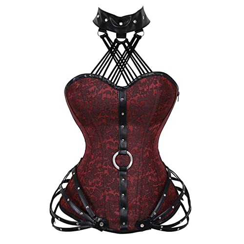 Steampunk Damen Corsage Schwarz, Gothic Korsett Bauchweg Rot-Mittelalter Kleidung Frauen Corsagen Unterbrust Neckholder Bustier Body Shaper Corsets für Halloween Kostüm Karneval Viktorian Palast von Generic