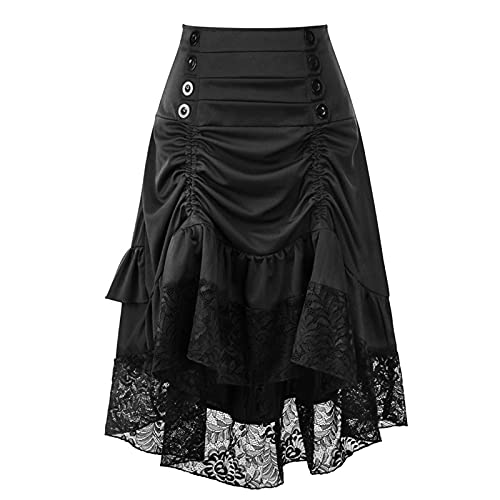 Steampunk Damen Gothic Schwarz Spitze Rock Lang Röcke Mittelalter Vintage Rock Asymmetriech Rüschen Kuchenrock Rock Burleske Victorian Chiffon Rock Irregular Kleid Cocktail Party Rock Cosplay von Generic