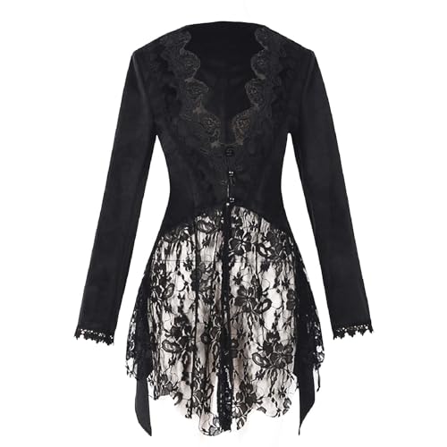 Steampunk Jacke Damen Gothic Mantel Lang Halloween Kostüm Damen Mittelalter Schwarz Trenchcoat mit Spitze Jacken Karneval Gehrock Vintage Halloweenkostüm Viktorianische Renaissance Jacke von Generic