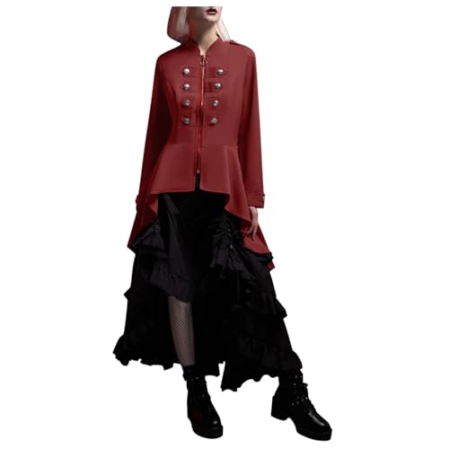 Steampunk Jacke Damen Gothic Mantel Lang Halloween Kostüm Frack Mittelalter Kleidung Schwarz Rot Trenchcoat mit Reißverschluss Gehrock Renaissance Jacken Vintage Karneval Viktorianische von Generic