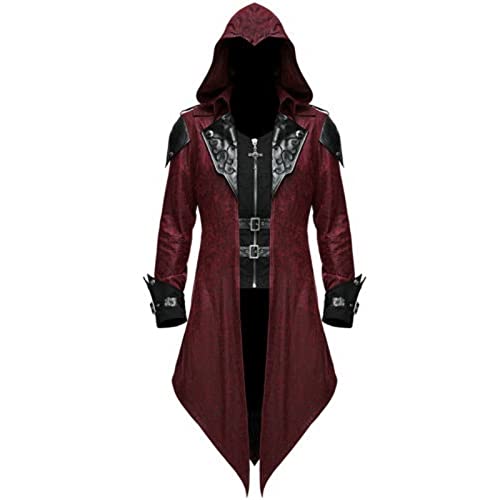 Steampunk Jacke Herren Lang Gothic Mantel Frack Mittelalter Kleidung Renaissance Jacken Männer mit Kapuze Halloween Kostüm Karneval Vintage Smoking Anzug Langarm Viktorianisches Schwarz Rot von Generic