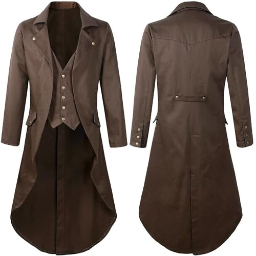 Steampunk Jacke Herren Renaissance Mantel Herren Braun Gothic Gehrock Mittelalter Halloween Frack Herren Kostüm Jacken Einreiher Viktorianischen Vintage Anzug Trenchcoat Karneval von Generic