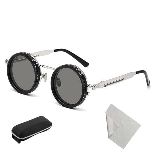 Steampunk Retro einstellbare Tint Sonnenbrille 1-9 Gears Manuelle Steuerung, runde polarisierten Objektive mit integriertem ND-Filter zum Fahren, Angeln, Wandern Black Silver von Generic
