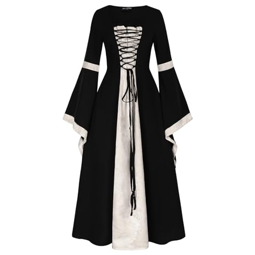 Steampunk Vintage Damen, Gothic Kleidung Frauen Langarm|Viktorianisches Kleid Damen Gothic Kleid Renaissance Kleid Weiß Mittelalter Kleid Spitzenspleißkleid Halloween Kostüm von Generic