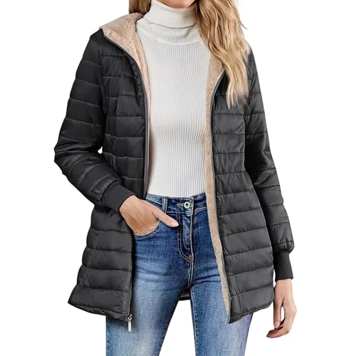 Steppjacke Damen Leicht mit Kapuze Fleece-Innenfutter Reißverschluss Mittellanger Mantel mit Taschen Outdoor M Black von Generic