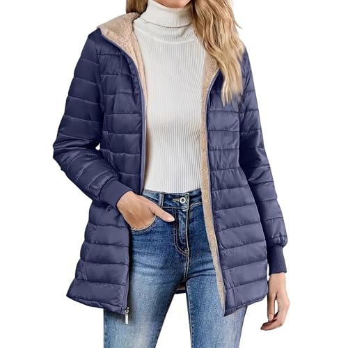 Steppjacke Damen Leicht mit Kapuze Fleece-Innenfutter Reißverschluss Mittellanger Mantel mit Taschen Outdoor XL Navy von Generic