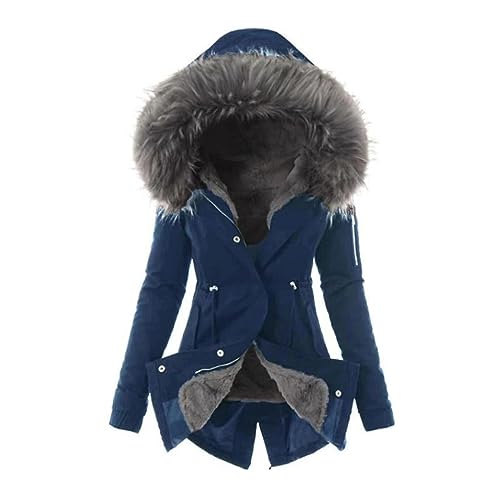 Steppmantel Damen,Wintermantel Damen Warm Gefüttert Winter Parka Mittellang Winterjacke Winterparka Mit Fellkapuze Dicke Coat Große Größen,Jacke Damen Winter,Damenjacken Winter,F Dark Blue,L von Generic