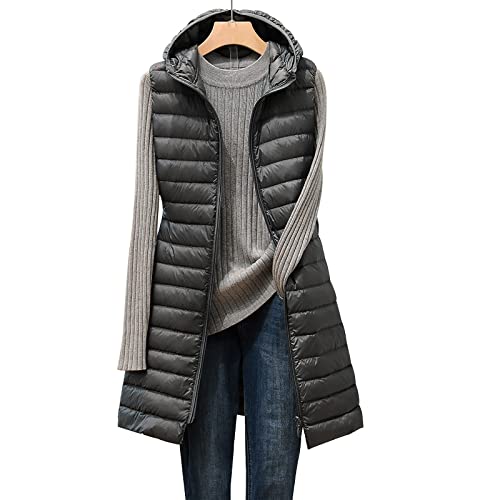 Steppweste Damen Lang Wintermantel Vest Leichte Daunenweste Mit Kapuze Schlanke Weste Jacke Faltbare Winter Steppmantel Ärmellose Kapuzenweste Steppjacke (Grau, M) von Generic