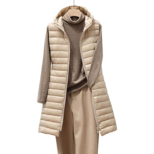 Steppweste Damen Lang Wintermantel Vest Leichte Daunenweste Mit Kapuze Schlanke Weste Jacke Faltbare Winter Steppmantel Ärmellose Kapuzenweste Steppjacke (Khaki, L) von Generic