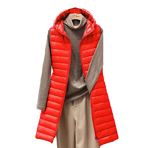 Steppweste Damen Lang Wintermantel Vest Leichte Daunenweste Mit Kapuze Schlanke Weste Jacke Faltbare Winter Steppmantel Ärmellose Kapuzenweste Steppjacke (Rot, XXL) von Generic