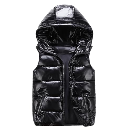 Steppweste Glänzend Damen Ärmellose Steppjacke Einfarbige Weste Reißverschlusstasche Casual Kapuzenjacke Unisex Winterjacke Hooded Outdoor Winter Weste Ärmellos Jacke Daunenmantel (1-Black, L) von Generic