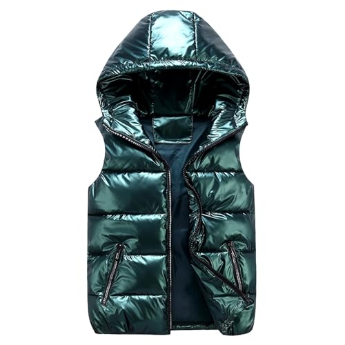 Steppweste Glänzend Damen Ärmellose Steppjacke Einfarbige Weste Reißverschlusstasche Casual Kapuzenjacke Unisex Winterjacke Hooded Outdoor Winter Weste Ärmellos Jacke Daunenmantel (Green, XL) von Generic
