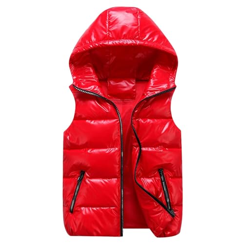 Steppweste Glänzend Damen Ärmellose Steppjacke Einfarbige Weste Reißverschlusstasche Casual Kapuzenjacke Unisex Winterjacke Hooded Outdoor Winter Weste Ärmellos Jacke Daunenmantel (Red, S) von Generic
