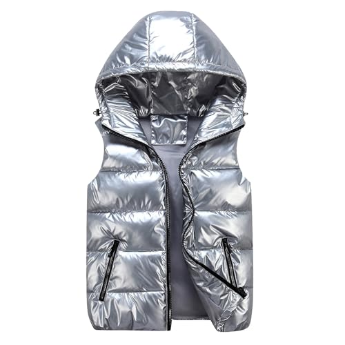 Steppweste Glänzend Damen Ärmellose Steppjacke Einfarbige Weste Reißverschlusstasche Casual Kapuzenjacke Unisex Winterjacke Hooded Outdoor Winter Weste Ärmellos Jacke Daunenmantel (Silver, S) von Generic
