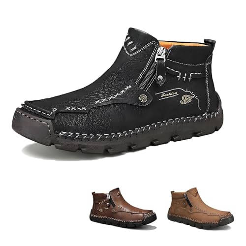 Stepthetop Motorradstiefel, 2026 Neue handgenähte Lederstiefel mit breiter Spitze for Herren, geeignet for Fahren, Wandern(Black,US6.5) von Generic