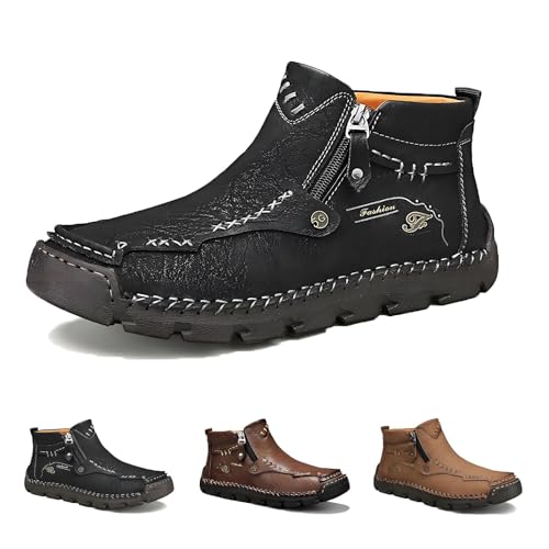 Stepthetop Motorradstiefel, handgenähte Lederstiefel mit breiter Spitze for Herren, wasserdicht und rutschfest, geeignet for Fahren und Wandern(Black,US9) von Generic
