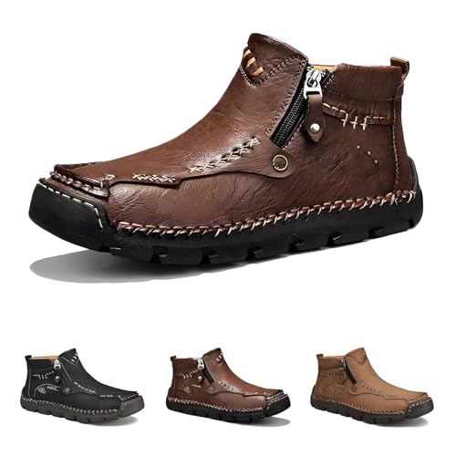 Stepthetop Motorradstiefel, handgenähte Lederstiefel mit breiter Spitze for Herren, wasserdicht und rutschfest, geeignet for Fahren und Wandern(Brown,US9) von Generic