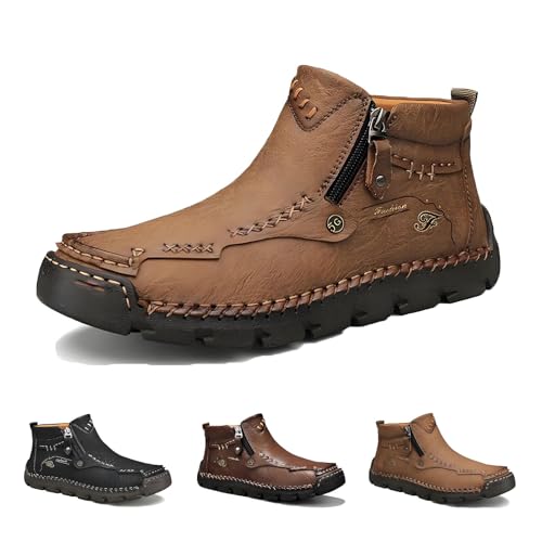 Stepthetop Motorradstiefel, handgenähte Lederstiefel mit breiter Spitze for Herren, wasserdicht und rutschfest, geeignet for Fahren und Wandern(Khaki,US7) von Generic