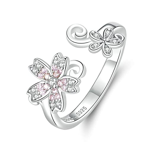 Sterling Silber 925 Rosa Sakura Kirschblüte Offene Verstellbare Fingerringe für Frauen Romantischer Hochzeitsschmuck von Generic