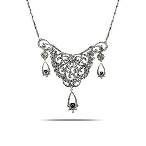 Sterling-Silber-Halskette für Damen, durchbrochener Blumen-Blatt-Ranken-Stil mit Onyx-Chalcedon-Anhänger von Generic