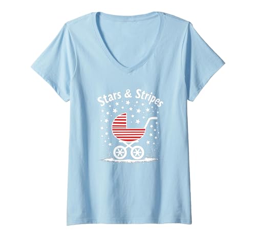 Sterne, Streifen und Kinderwagen T-Shirt mit V-Ausschnitt, Damen, Himmelblau, XL Sterne, Streifen und Kinderwagen T-Shirt mit V-Ausschnitt, Damen, Himmelblau, XL von Generic