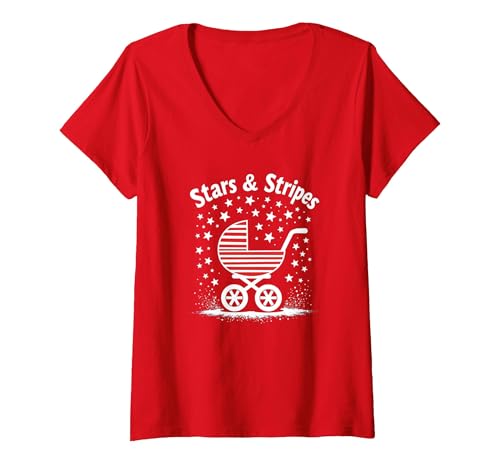Sterne, Streifen und Kinderwagen T-Shirt mit V-Ausschnitt, Damen, Rot, L von Generic