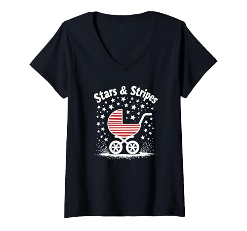 Sterne, Streifen und Kinderwagen T-Shirt mit V-Ausschnitt, Damen, Schwarz, XL Sterne, Streifen und Kinderwagen T-Shirt mit V-Ausschnitt, Damen, Schwarz, XL von Generic