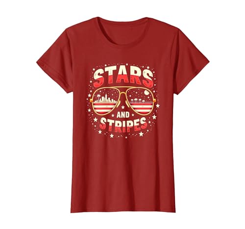 Sterne, Streifen und Sonnenbrillen T-Shirt, Damen, Cranberry, XS von Generic